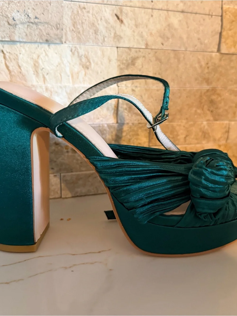 Emerald Satin Knotted Platform Heeled Sandals Never worn